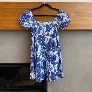 CAROLINE CONSTAS BARDOT MINI DRESS IN BLUE GARDEN TOILE, SIZE M